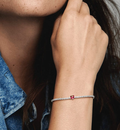 Pulsera Tenis Pandora Corazón Brillante Rojo