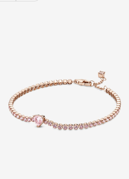 Pulsera Tenis Pandora Corazón Oro Rosa