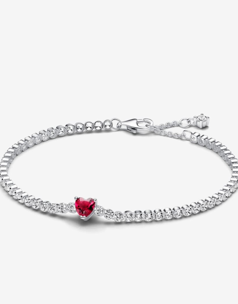 Pulsera Tenis Pandora Corazón Brillante Rojo