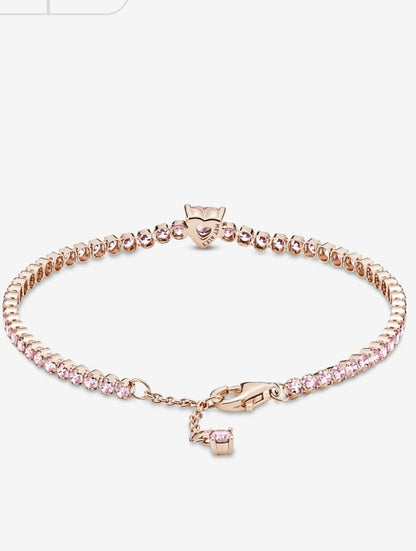 Pulsera Tenis Pandora Corazón Oro Rosa